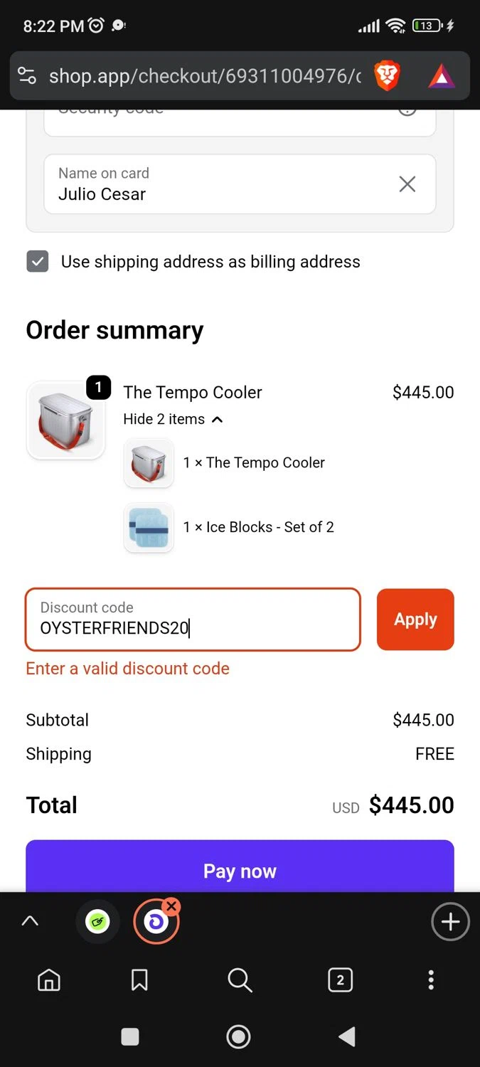 Oyster Cooler discount code screenshot showing code OYSTERFRIENDS20 applied at Oyster Cooler checkout page. Uploaded by SimplyCodes community member BargainPioneer8286 on Dec 14, 2025