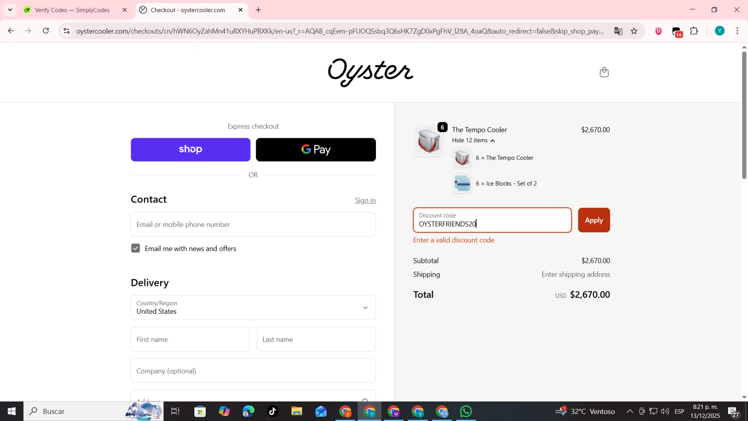 Oyster Cooler discount code screenshot showing code OYSTERFRIENDS20 applied at Oyster Cooler checkout page. Uploaded by SimplyCodes community member codygakpo on Dec 14, 2025