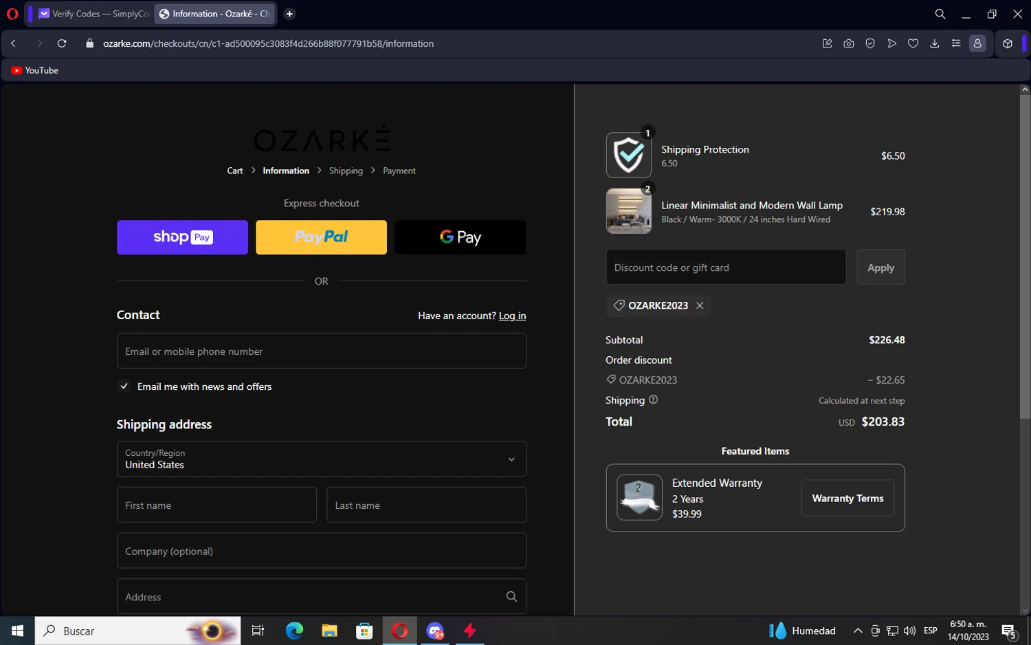 Ozarke checkout page showing Ozarke discount code box | Screenshot taken by SimplyCodes community member on Oct 14, 2023