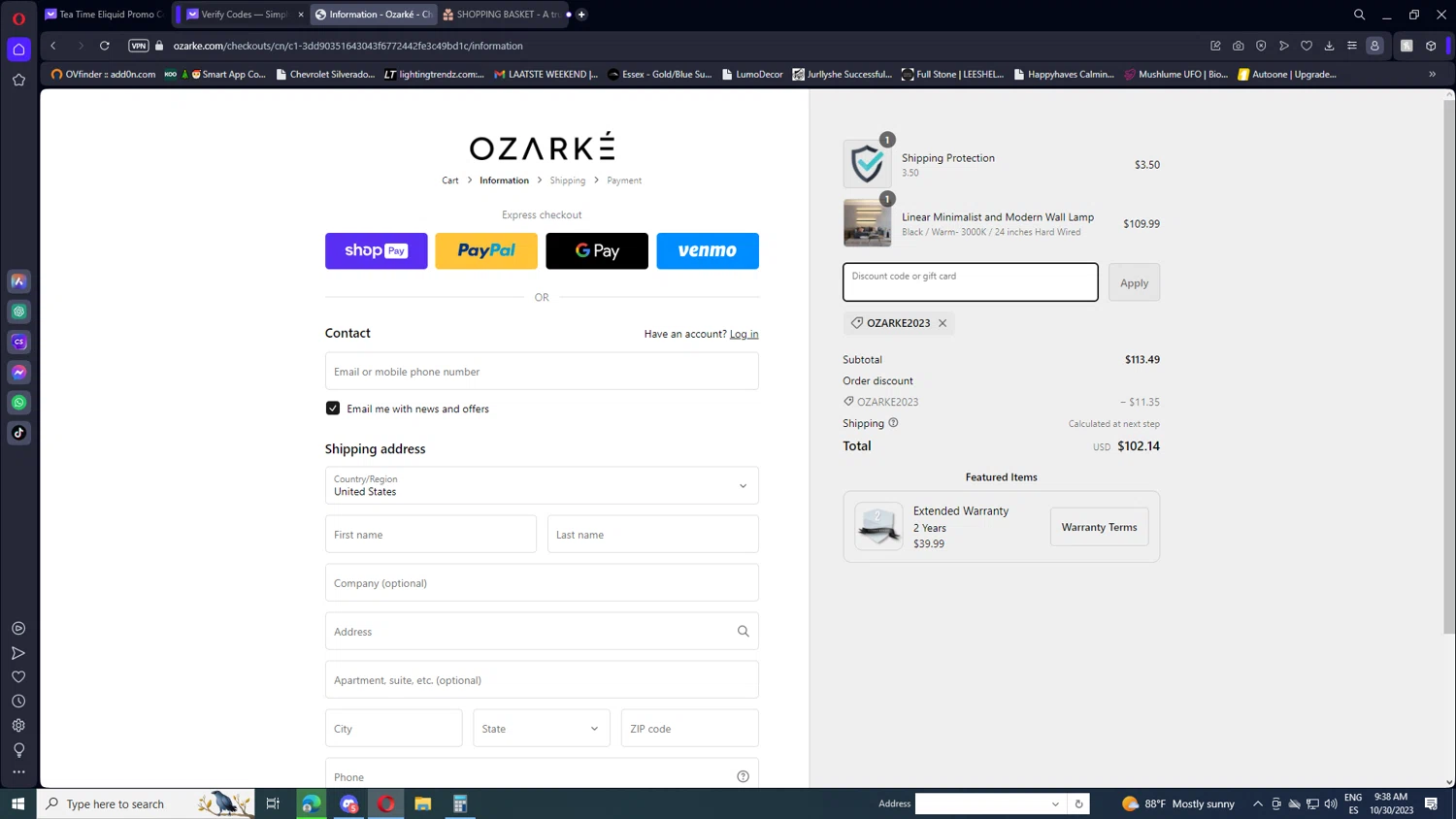 Ozarke checkout page showing Ozarke discount code box | Screenshot taken by SimplyCodes community member on Oct 30, 2023