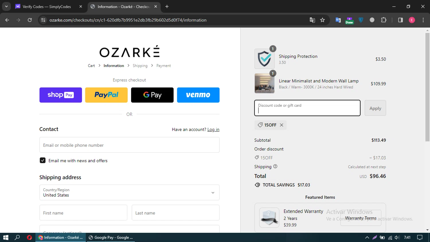 Ozarke checkout page showing Ozarke discount code box | Screenshot taken by SimplyCodes community member on Jan 12, 2024