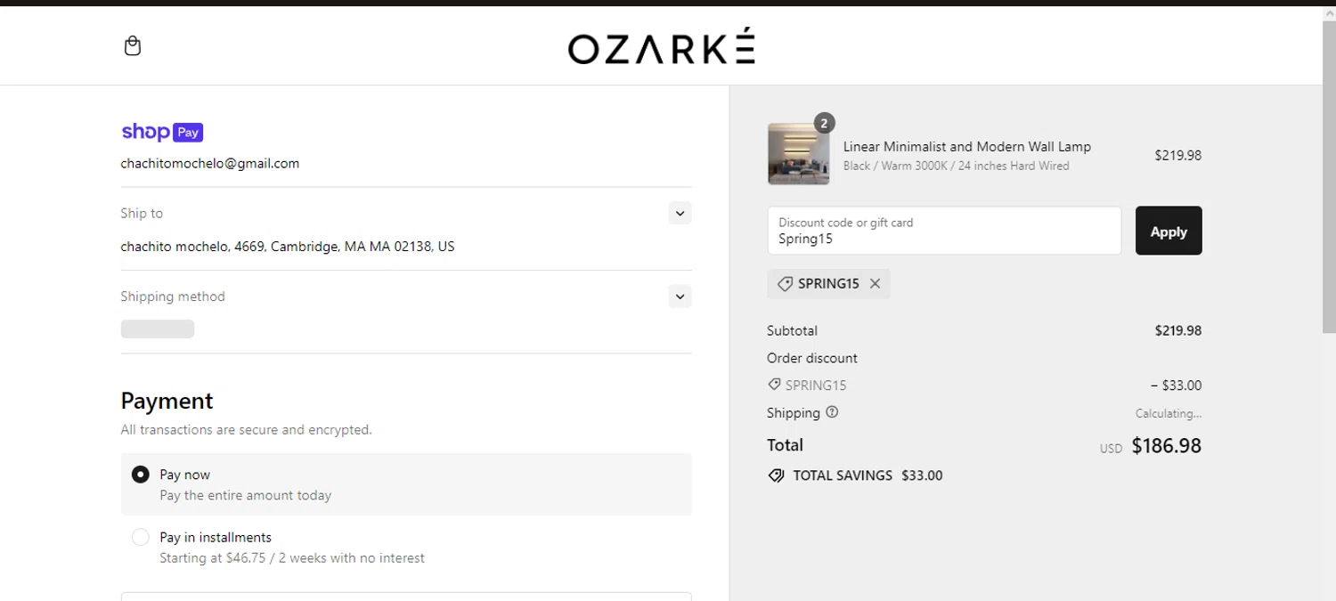 Ozarke checkout page showing Ozarke discount code box | Screenshot taken by SimplyCodes community member on Mar 4, 2024