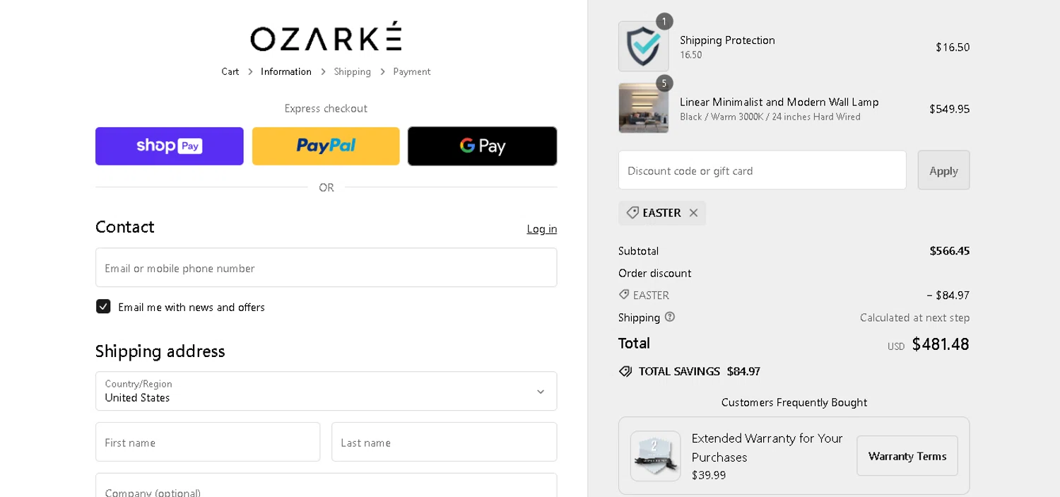 Ozarke checkout page showing Ozarke discount code box | Screenshot taken by SimplyCodes community member on Mar 27, 2024