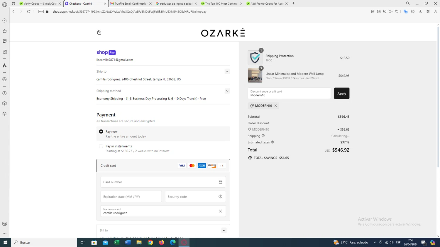 Ozarke checkout page showing Ozarke discount code box | Screenshot taken by SimplyCodes community member on Apr 26, 2024