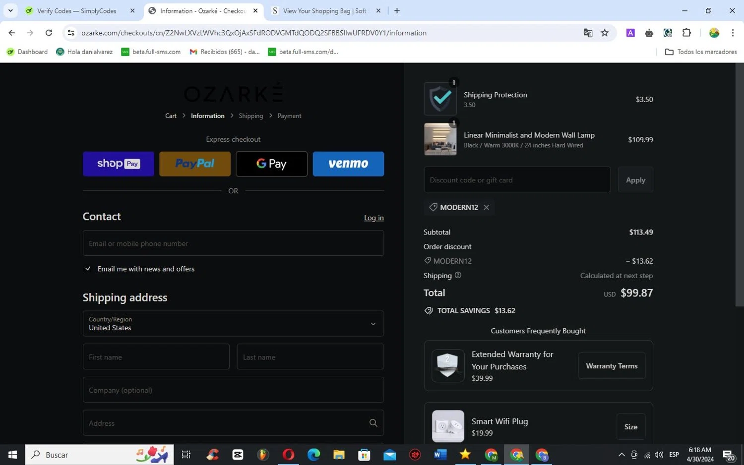 Ozarke checkout page showing Ozarke discount code box | Screenshot taken by SimplyCodes community member on Apr 30, 2024