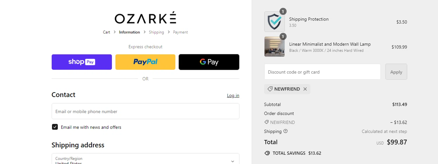 Ozarke checkout page showing Ozarke discount code box | Screenshot taken by SimplyCodes community member on Mar 30, 2024