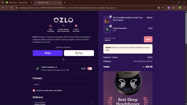 Ozlo Sleep checkout page showing Ozlo Sleep discount code box | Screenshot taken by SimplyCodes community member on Sep 17, 2025