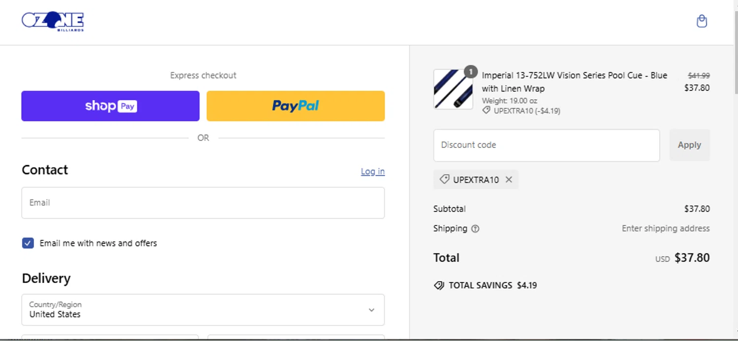 Ozone Billiards promo code screenshot showing code UPEXTRA10 applied at Ozone Billiards checkout page. Uploaded by SimplyCodes community member OsbelSanchez23 on Jan 15, 2025