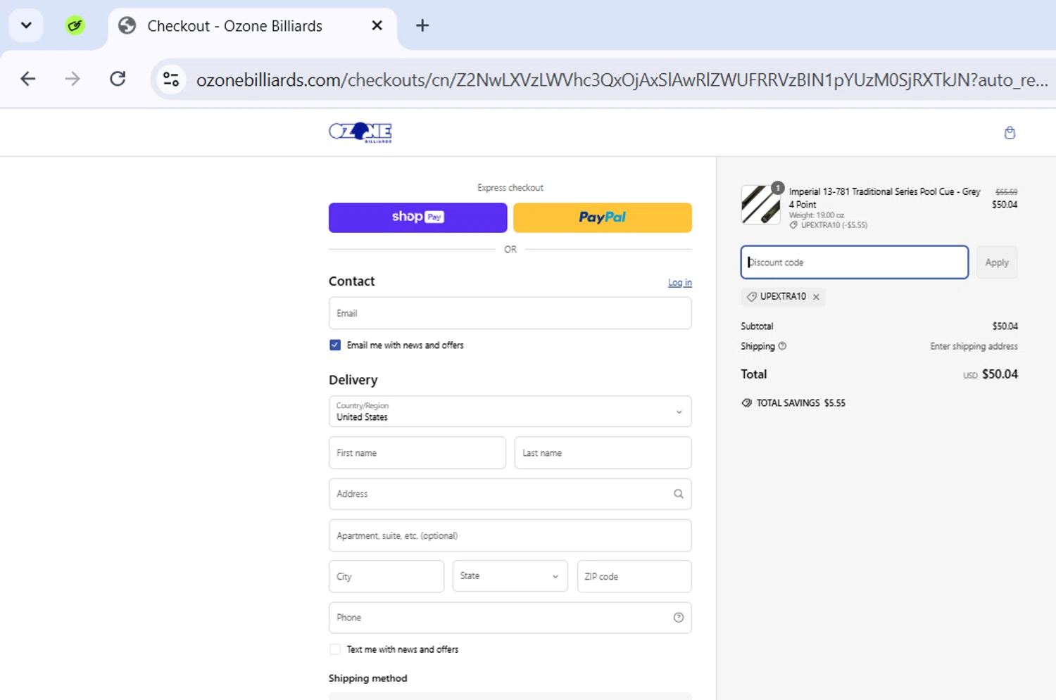 Ozone Billiards promo code screenshot showing code UPEXTRA10 applied at Ozone Billiards checkout page. Uploaded by SimplyCodes community member ExtraordinarySeeker9807 on Mar 10, 2025