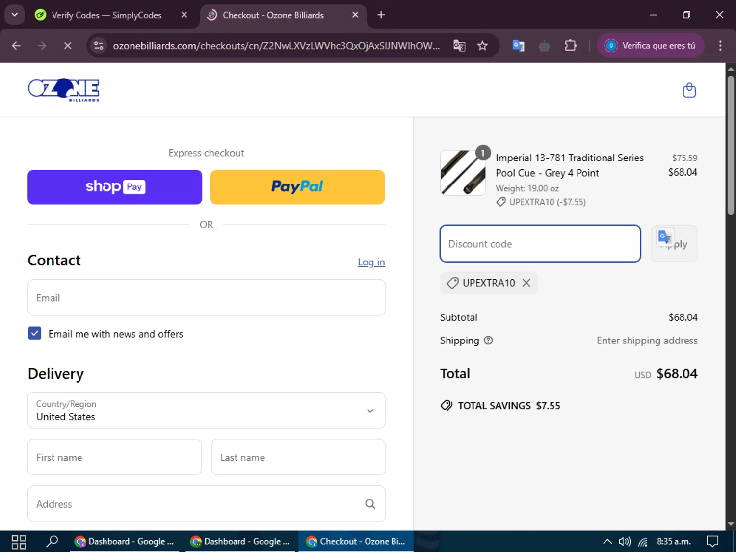 Ozone Billiards promo code screenshot showing code UPEXTRA10 applied at Ozone Billiards checkout page. Uploaded by SimplyCodes community member kuromii on Apr 12, 2025