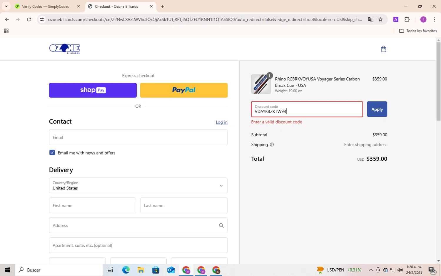 Ozone Billiards promo code screenshot showing code VDAYKBZKTW94 applied at Ozone Billiards checkout page. Uploaded by SimplyCodes community member Andygar on Feb 24, 2025