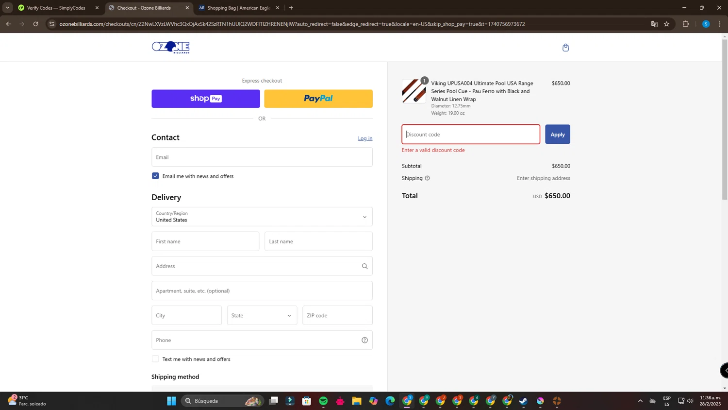 Ozone Billiards promo code screenshot showing code VDAYKBZKTW94 applied at Ozone Billiards checkout page. Uploaded by SimplyCodes community member SalvadorC1 on Feb 28, 2025