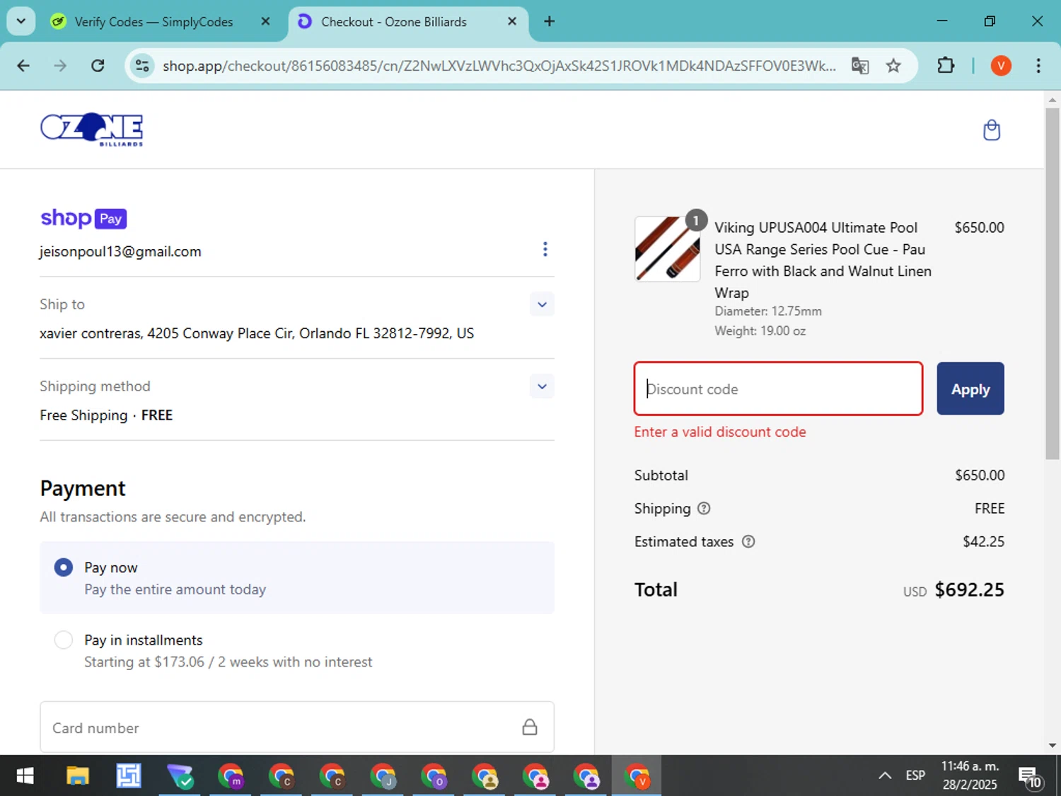 Ozone Billiards promo code screenshot showing code VDAYKBZKTW94 applied at Ozone Billiards checkout page. Uploaded by SimplyCodes community member CodeMonarch8148 on Feb 28, 2025