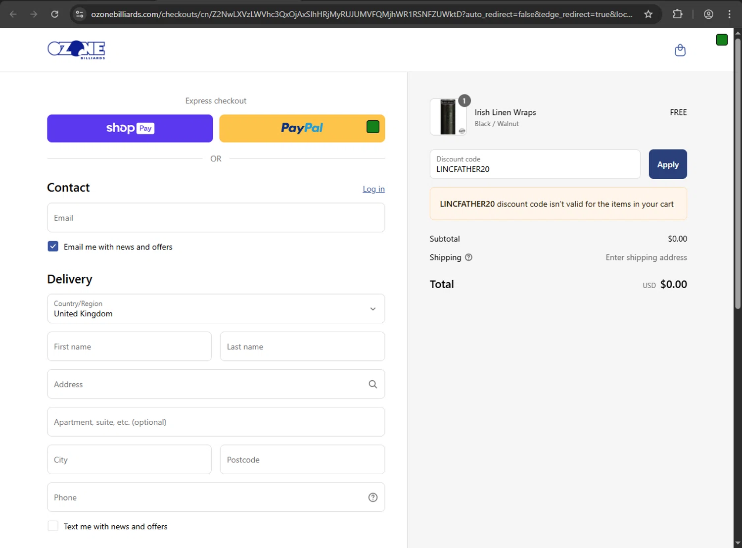 Ozone Billiards promo code screenshot showing code LINCFATHER20 applied at Ozone Billiards checkout page. Uploaded by SimplyCodes community member megagei on Jun 11, 2025