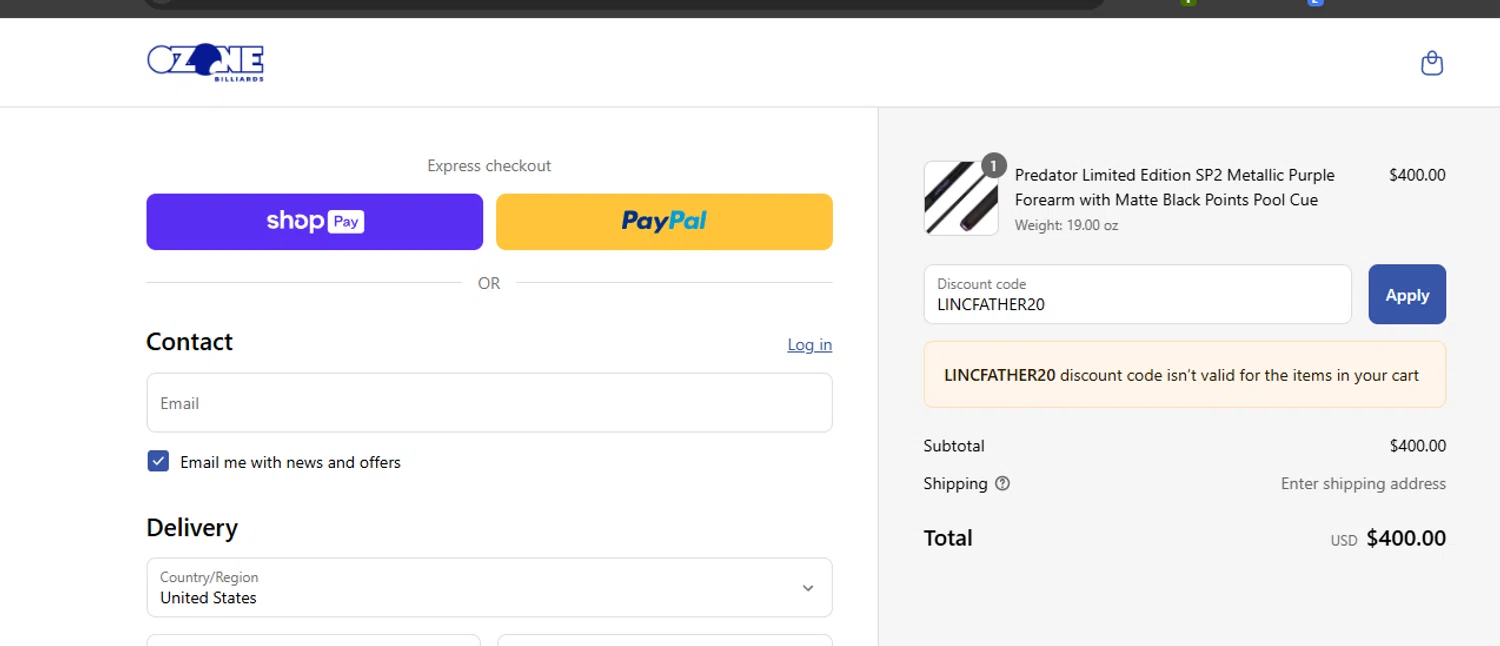 Ozone Billiards promo code screenshot showing code LINCFATHER20 applied at Ozone Billiards checkout page. Uploaded by SimplyCodes community member ashe1986 on Jun 10, 2025