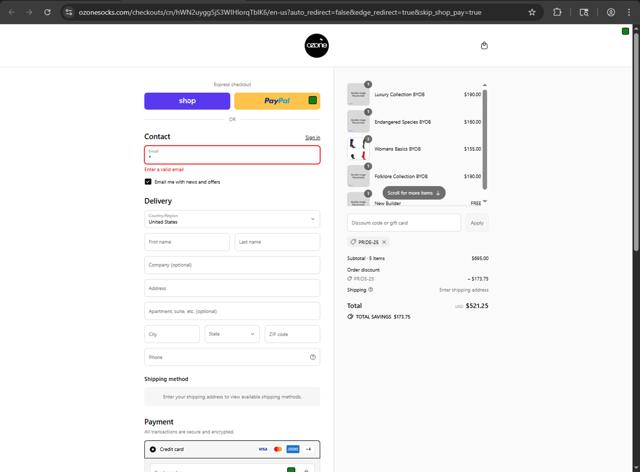 Ozone Socks checkout page showing Ozone Socks discount code box | Screenshot taken by SimplyCodes community member on Sep 13, 2025