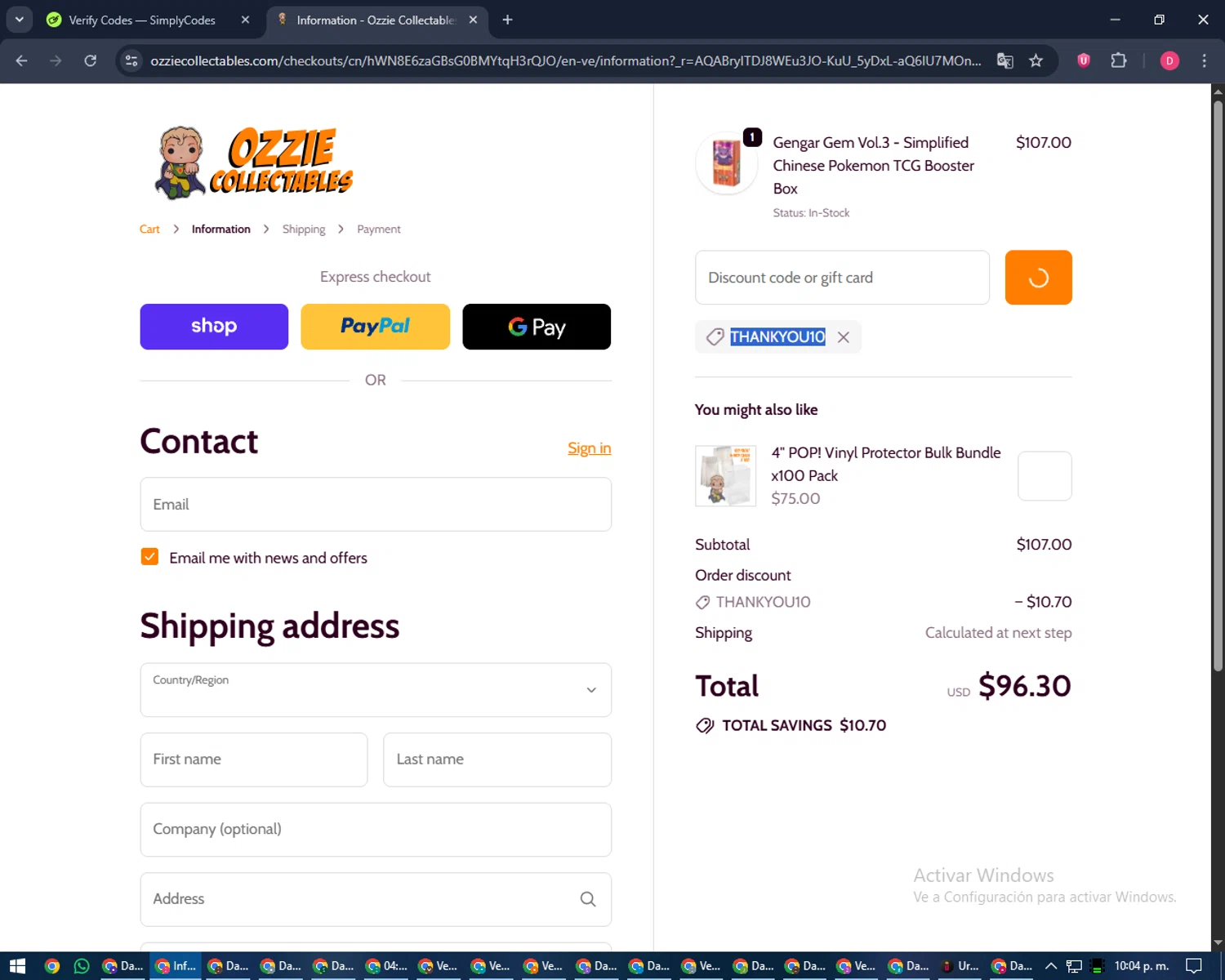 Ozzie Collectables checkout page showing Ozzie Collectables discount code box | Screenshot taken by SimplyCodes community member on Jan 31, 2026