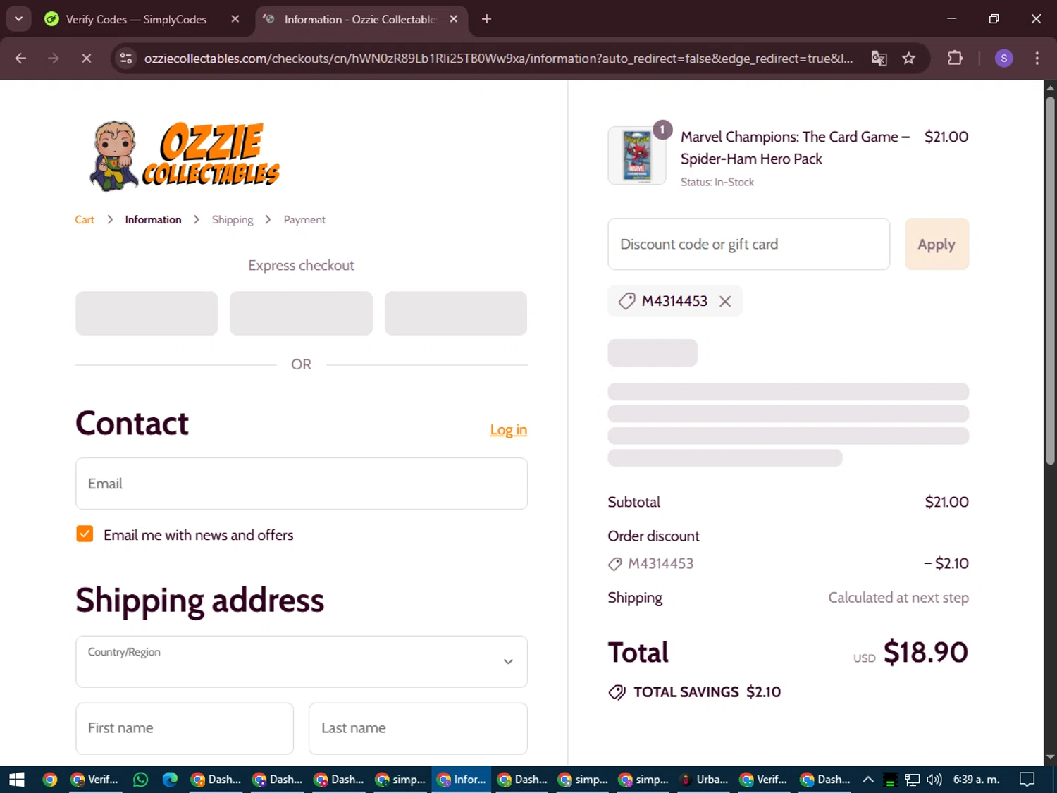 Ozzie Collectables discount code screenshot showing code M4314453 applied at Ozzie Collectables checkout page. Uploaded by SimplyCodes community member LuckyVoyager688 on Jul 24, 2025