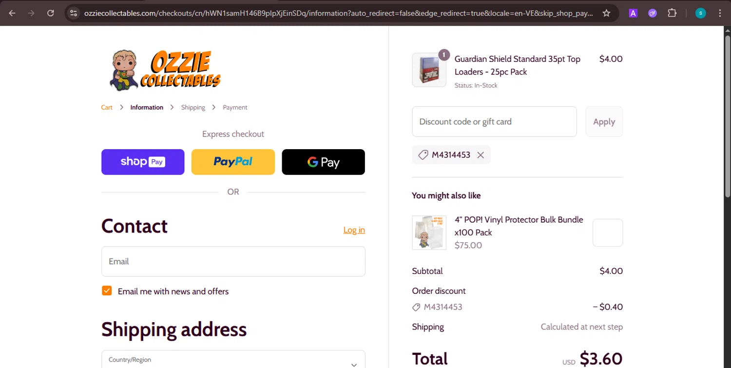 Ozzie Collectables discount code screenshot showing code M4314453 applied at Ozzie Collectables checkout page. Uploaded by SimplyCodes community member ValiantChaser7723 on Aug 16, 2025