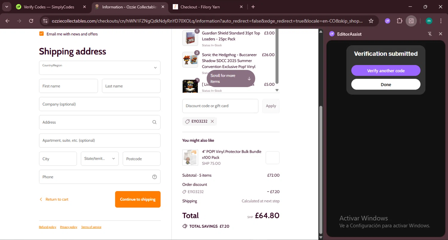 Ozzie Collectables discount code screenshot showing code E1103232 applied at Ozzie Collectables checkout page. Uploaded by SimplyCodes community member CrownSpotter4262 on Jul 31, 2025