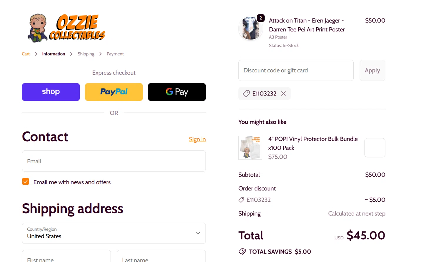 Ozzie Collectables discount code screenshot showing code E1103232 applied at Ozzie Collectables checkout page. Uploaded by SimplyCodes community member Nohely on Sep 24, 2025