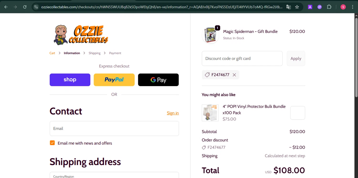 Ozzie Collectables discount code screenshot showing code F2474677 applied at Ozzie Collectables checkout page. Uploaded by SimplyCodes community member MoneyFalcon481 on Nov 19, 2025