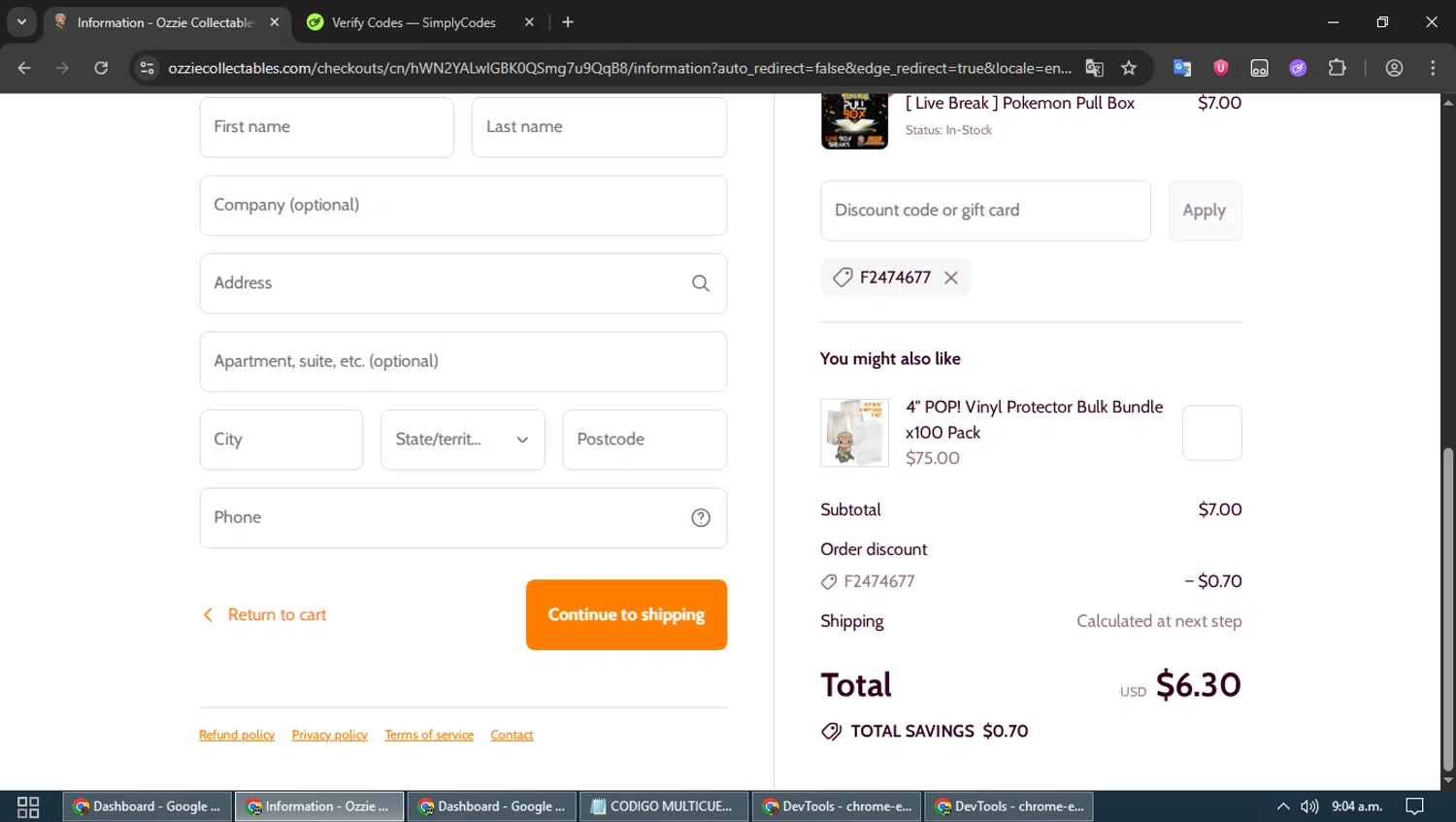 Ozzie Collectables discount code screenshot showing code F2474677 applied at Ozzie Collectables checkout page. Uploaded by SimplyCodes community member MoneyPioneer4925 on Sep 3, 2025