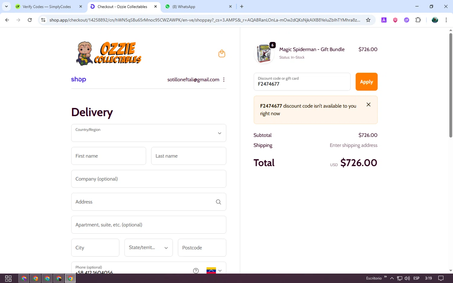 Ozzie Collectables discount code screenshot showing code F2474677 applied at Ozzie Collectables checkout page. Uploaded by SimplyCodes community member neurioandrades on Nov 29, 2025