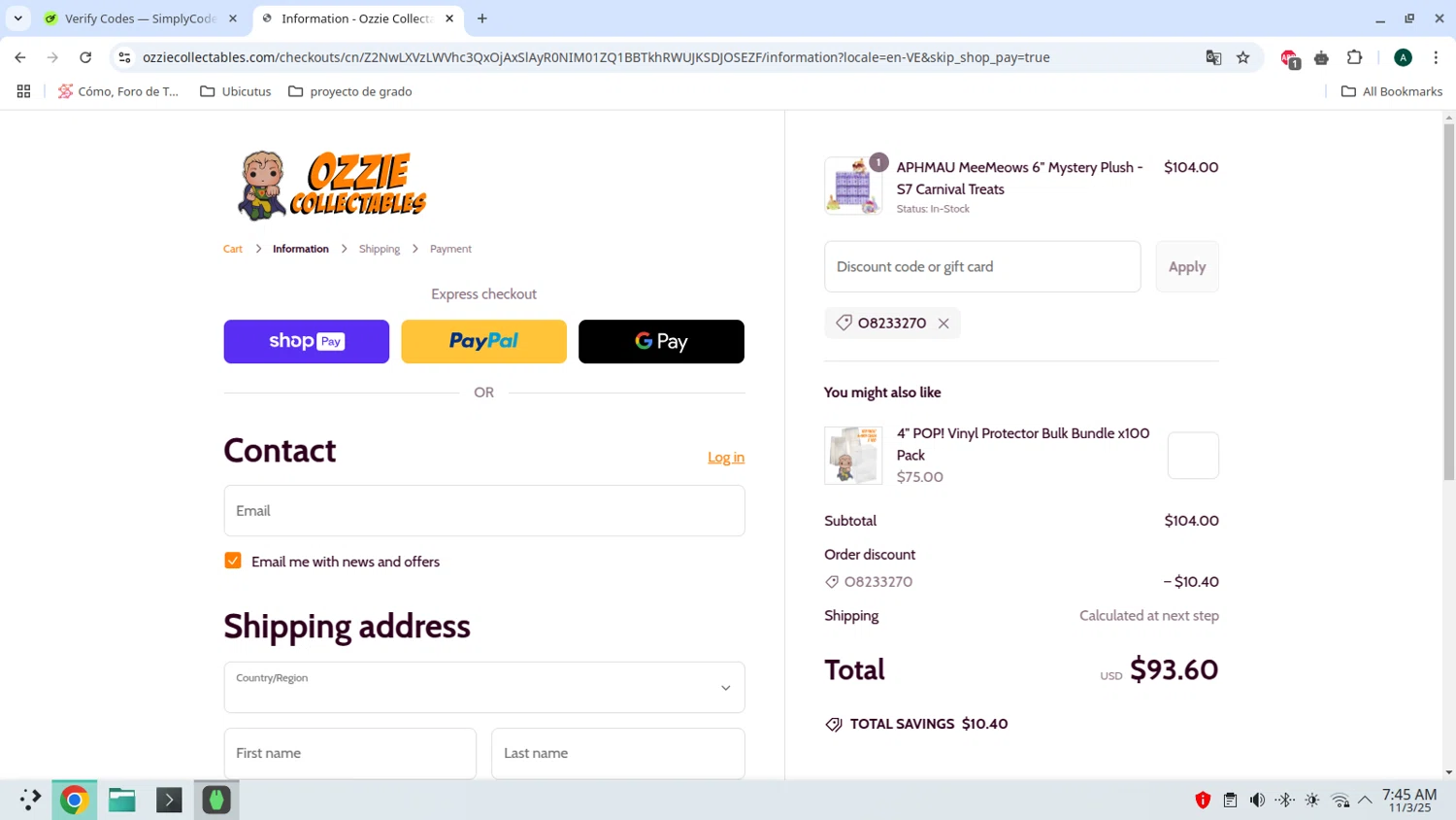 Ozzie Collectables discount code screenshot showing code O8233270 applied at Ozzie Collectables checkout page. Uploaded by SimplyCodes community member admeneses on Mar 11, 2025