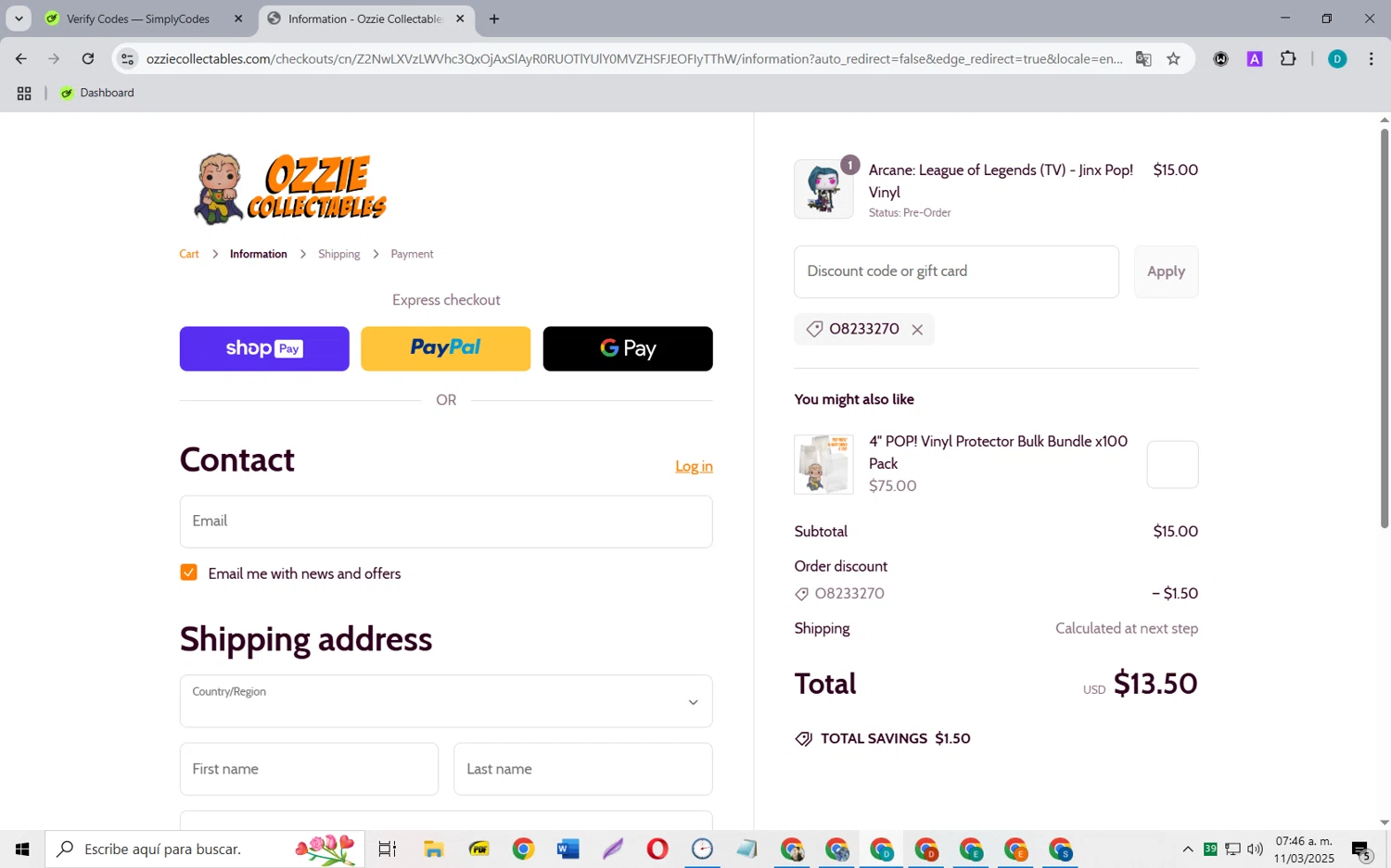 Ozzie Collectables discount code screenshot showing code O8233270 applied at Ozzie Collectables checkout page. Uploaded by SimplyCodes community member MagnificentCollector5368 on Mar 11, 2025