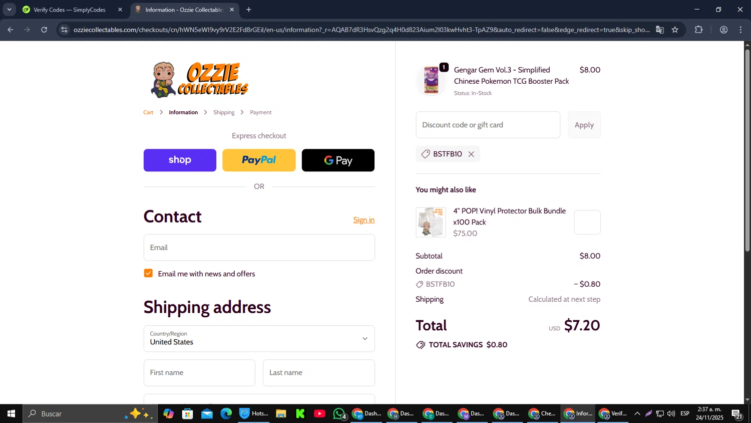 Ozzie Collectables discount code screenshot showing code BSTFB10 applied at Ozzie Collectables checkout page. Uploaded by SimplyCodes community member RebateCaptain6440 on Nov 24, 2025