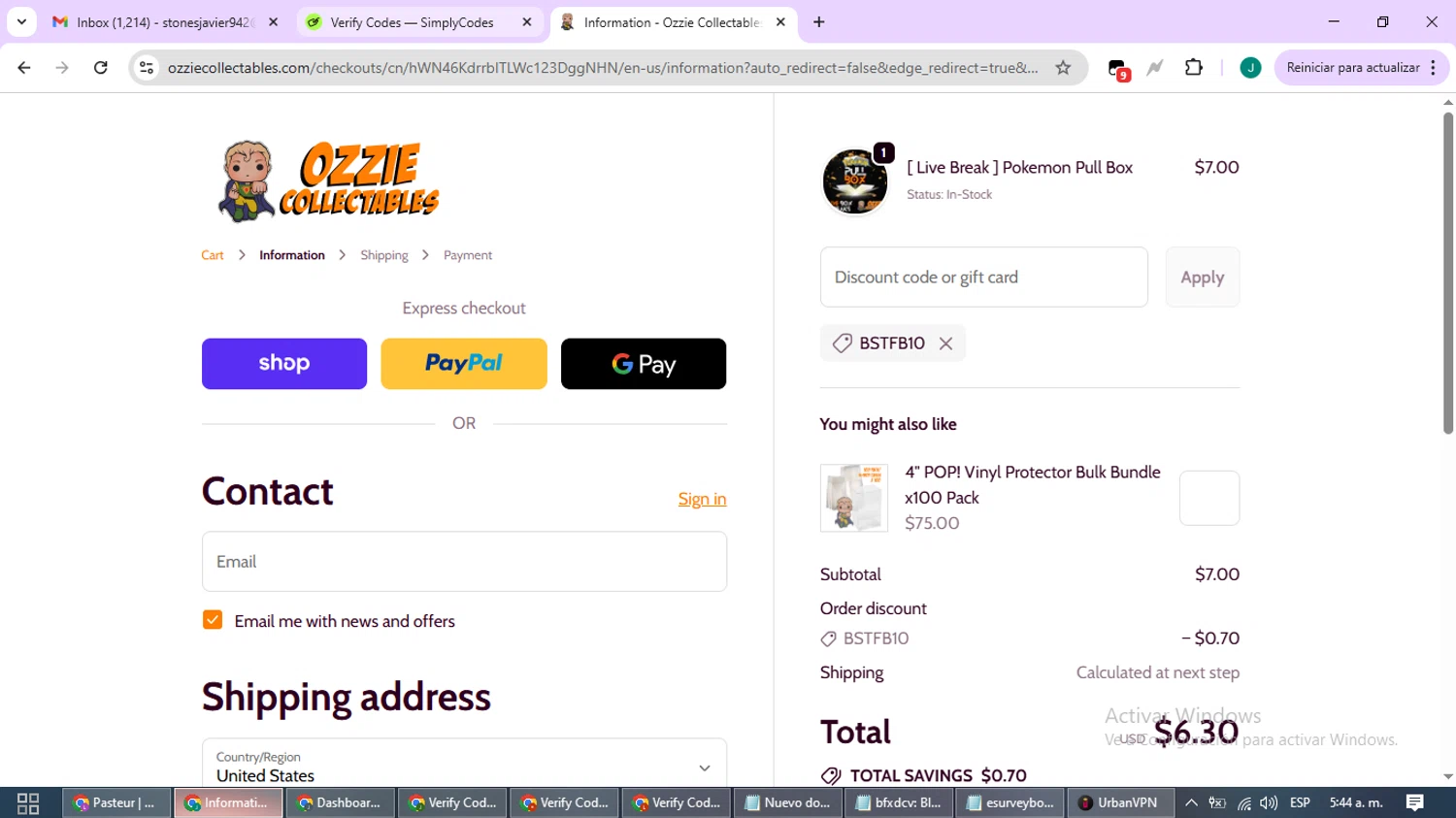 Ozzie Collectables discount code screenshot showing code BSTFB10 applied at Ozzie Collectables checkout page. Uploaded by SimplyCodes community member SavvyCurator1770 on Oct 14, 2025