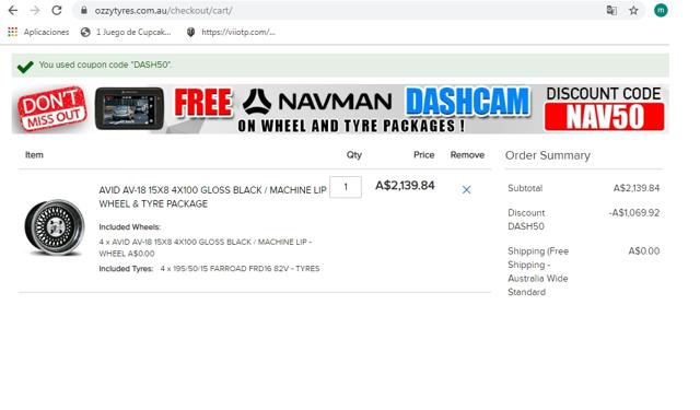 Ozzy Tyres checkout page showing Ozzy Tyres discount code box | Screenshot taken by SimplyCodes community member on Sep 2, 2020