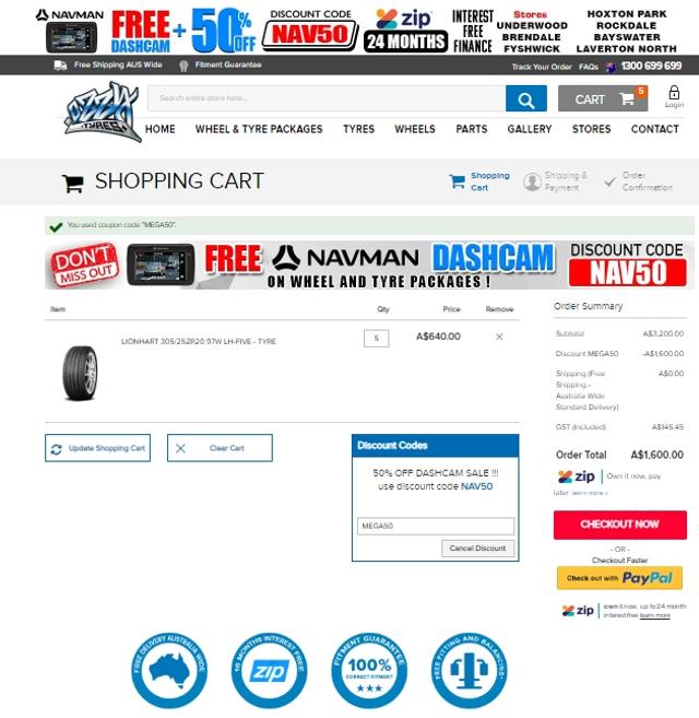 Ozzy Tyres checkout page showing Ozzy Tyres discount code box | Screenshot taken by SimplyCodes community member on Sep 2, 2020