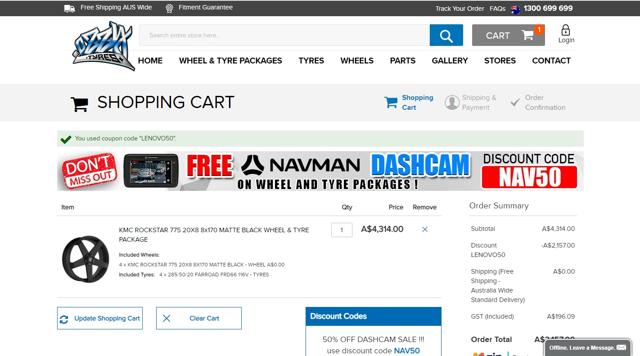 Ozzy Tyres checkout page showing Ozzy Tyres discount code box | Screenshot taken by SimplyCodes community member on Sep 2, 2020