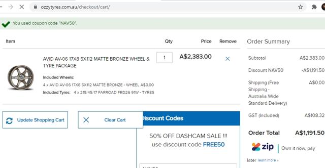 Ozzy Tyres checkout page showing Ozzy Tyres discount code box | Screenshot taken by SimplyCodes community member on Nov 9, 2020