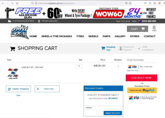 Ozzy Tyres checkout page showing Ozzy Tyres discount code box | Screenshot taken by SimplyCodes community member on Jun 22, 2021
