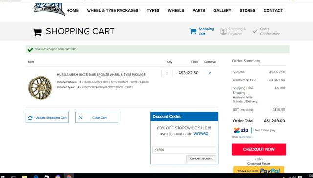 Ozzy Tyres checkout page showing Ozzy Tyres discount code box | Screenshot taken by SimplyCodes community member on Mar 12, 2021