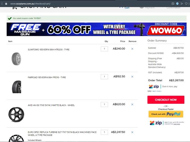 Ozzy Tyres checkout page showing Ozzy Tyres discount code box | Screenshot taken by SimplyCodes community member on Apr 24, 2021