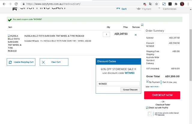 Ozzy Tyres checkout page showing Ozzy Tyres discount code box | Screenshot taken by SimplyCodes community member on May 9, 2021