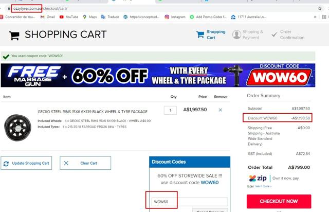 Ozzy Tyres checkout page showing Ozzy Tyres discount code box | Screenshot taken by SimplyCodes community member on Apr 10, 2021