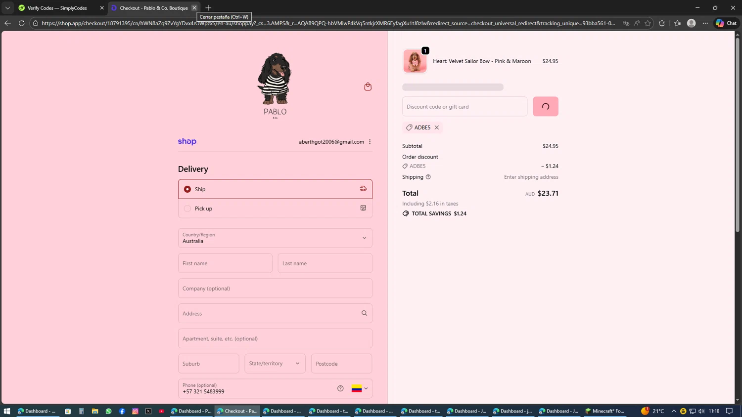 Pablo & Co. checkout page showing Pablo & Co. discount code box | Screenshot taken by SimplyCodes community member on Feb 9, 2026