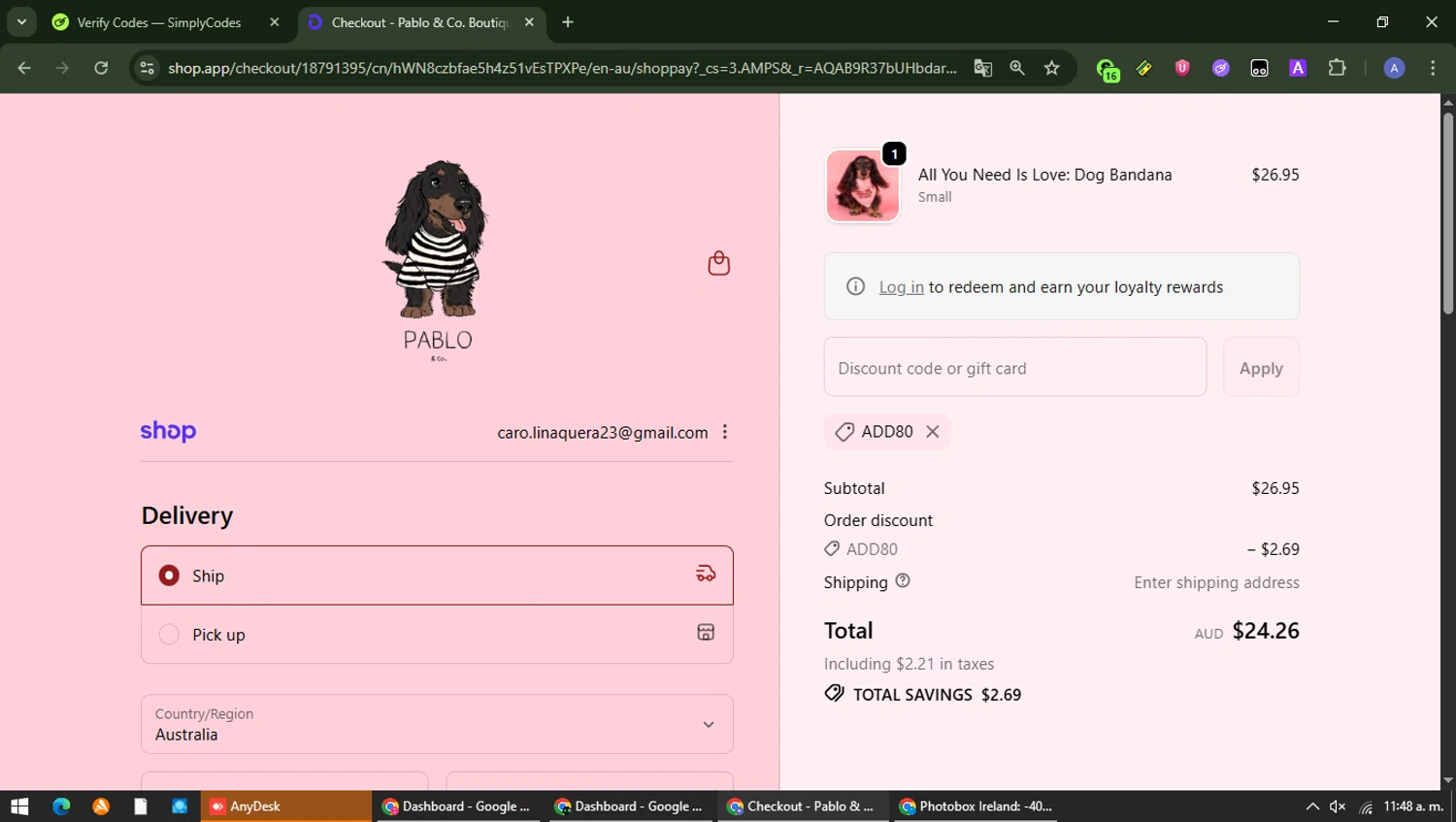 Pablo & Co. discount code screenshot showing code ADD80 applied at Pablo & Co. checkout page. Uploaded by SimplyCodes community member Carolina23 on Feb 10, 2026