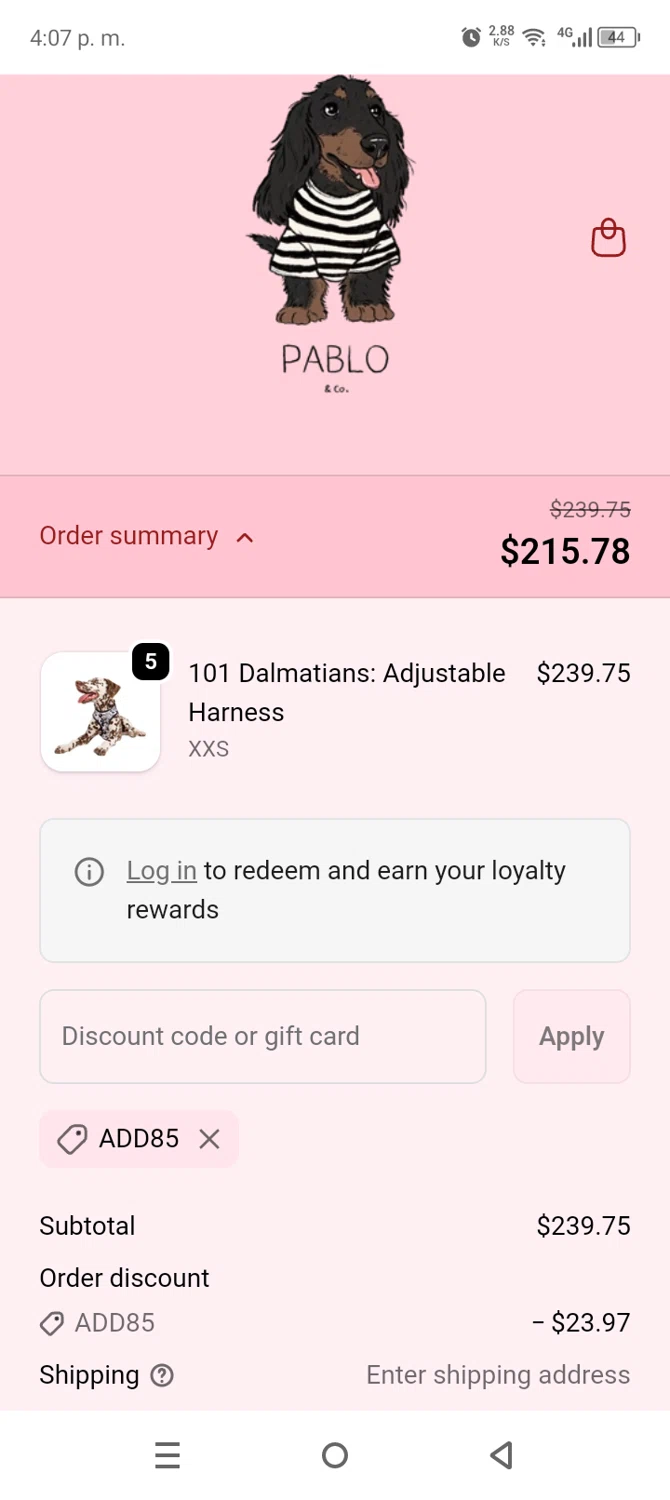 Pablo & Co. discount code screenshot showing code ADD85 applied at Pablo & Co. checkout page. Uploaded by SimplyCodes community member AnthonyGuapeton94 on Feb 12, 2026