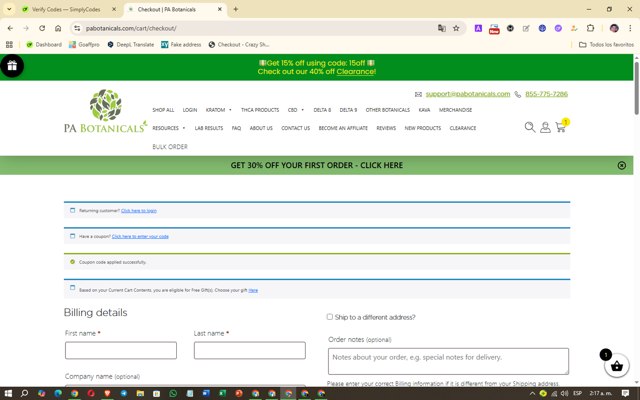 PA Botanicals checkout page showing PA Botanicals coupon code box | Screenshot taken by SimplyCodes community member on Aug 10, 2025