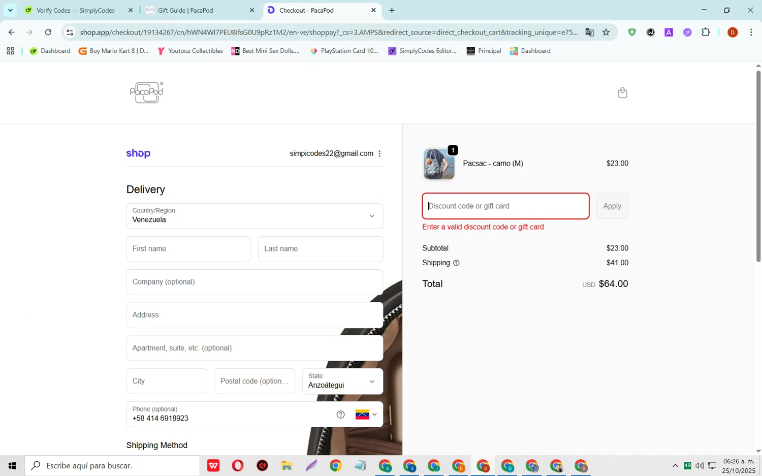 Pacapod discount code screenshot showing code FAMILY10 applied at Pacapod checkout page. Uploaded by SimplyCodes community member SaleSaver3540 on Oct 25, 2025