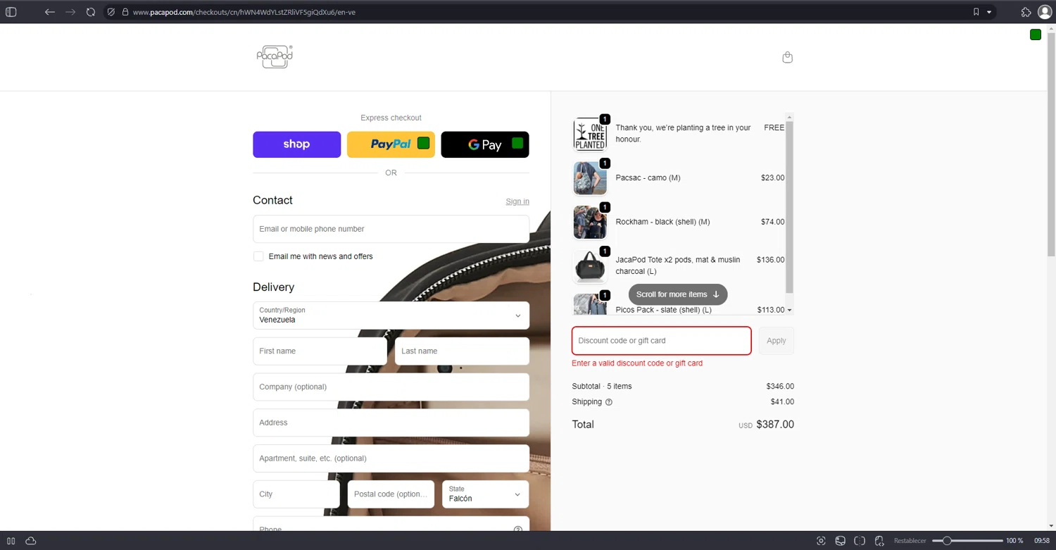 Pacapod discount code screenshot showing code FAMILY10 applied at Pacapod checkout page. Uploaded by SimplyCodes community member ValiantFox2134 on Oct 25, 2025