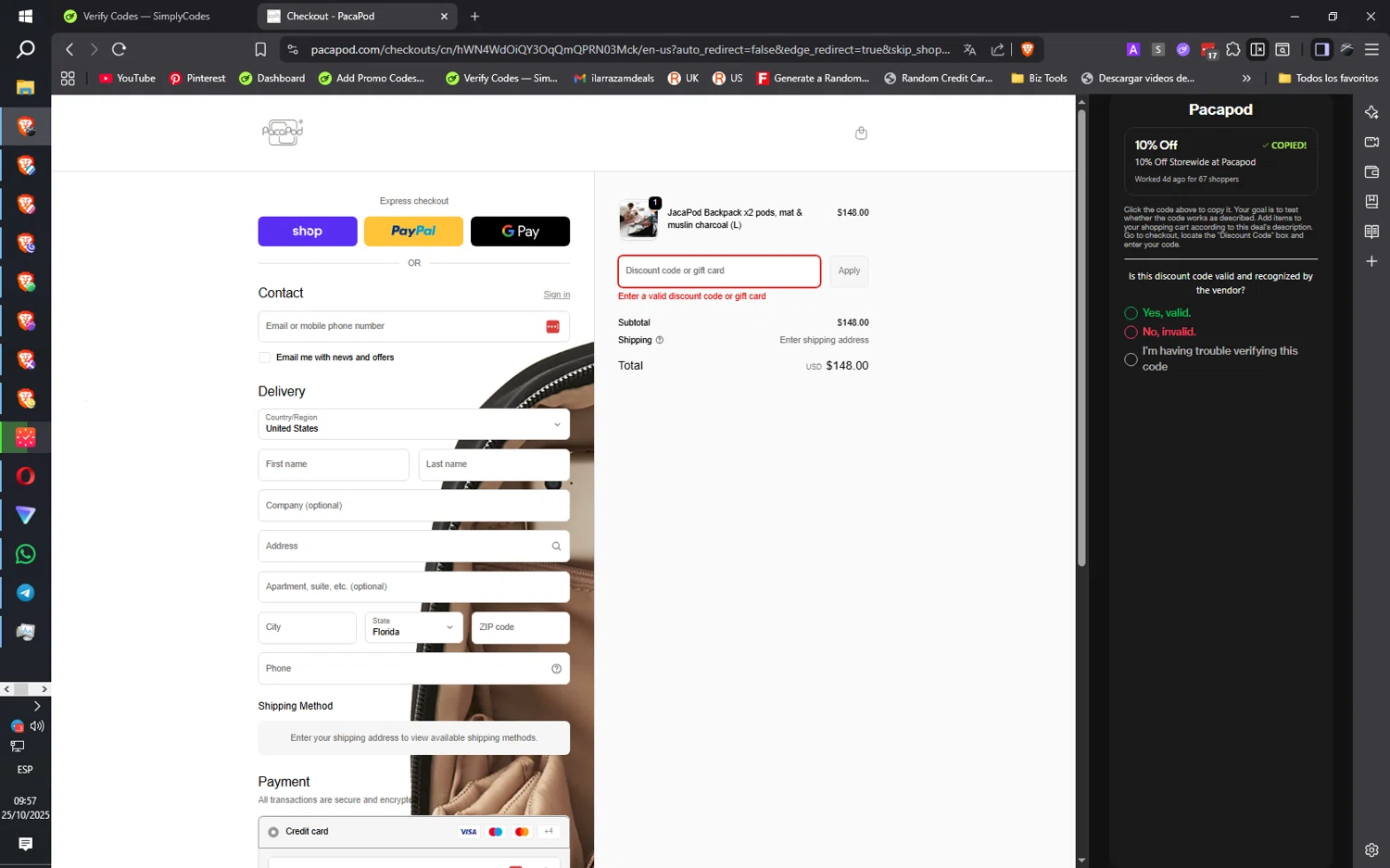 Pacapod discount code screenshot showing code FAMILY10 applied at Pacapod checkout page. Uploaded by SimplyCodes community member ilarrazaM1 on Oct 25, 2025