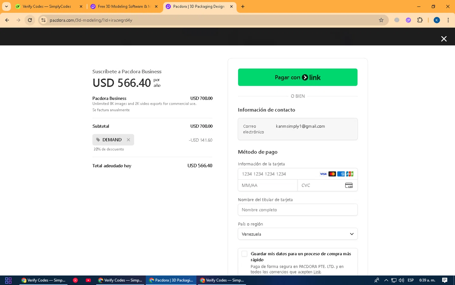 Pacdora promo code screenshot showing code DEMAND applied at Pacdora checkout page. Uploaded by SimplyCodes community member Kira_1 on Feb 21, 2026