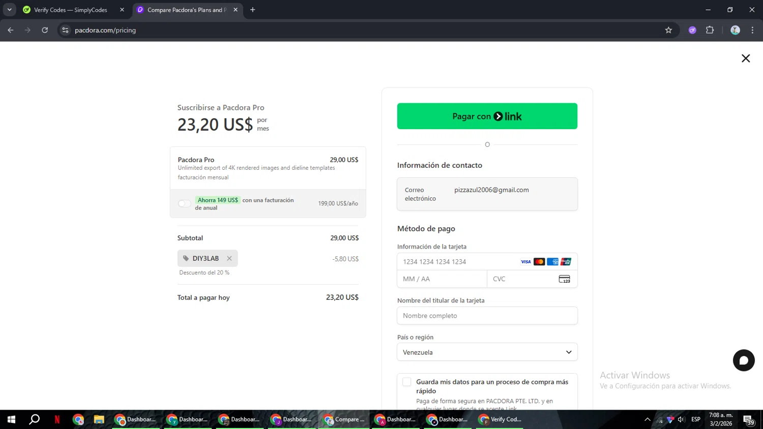 Pacdora promo code screenshot showing code DIY3LAB applied at Pacdora checkout page. Uploaded by SimplyCodes community member ShrewdSeeker6165 on Feb 3, 2026